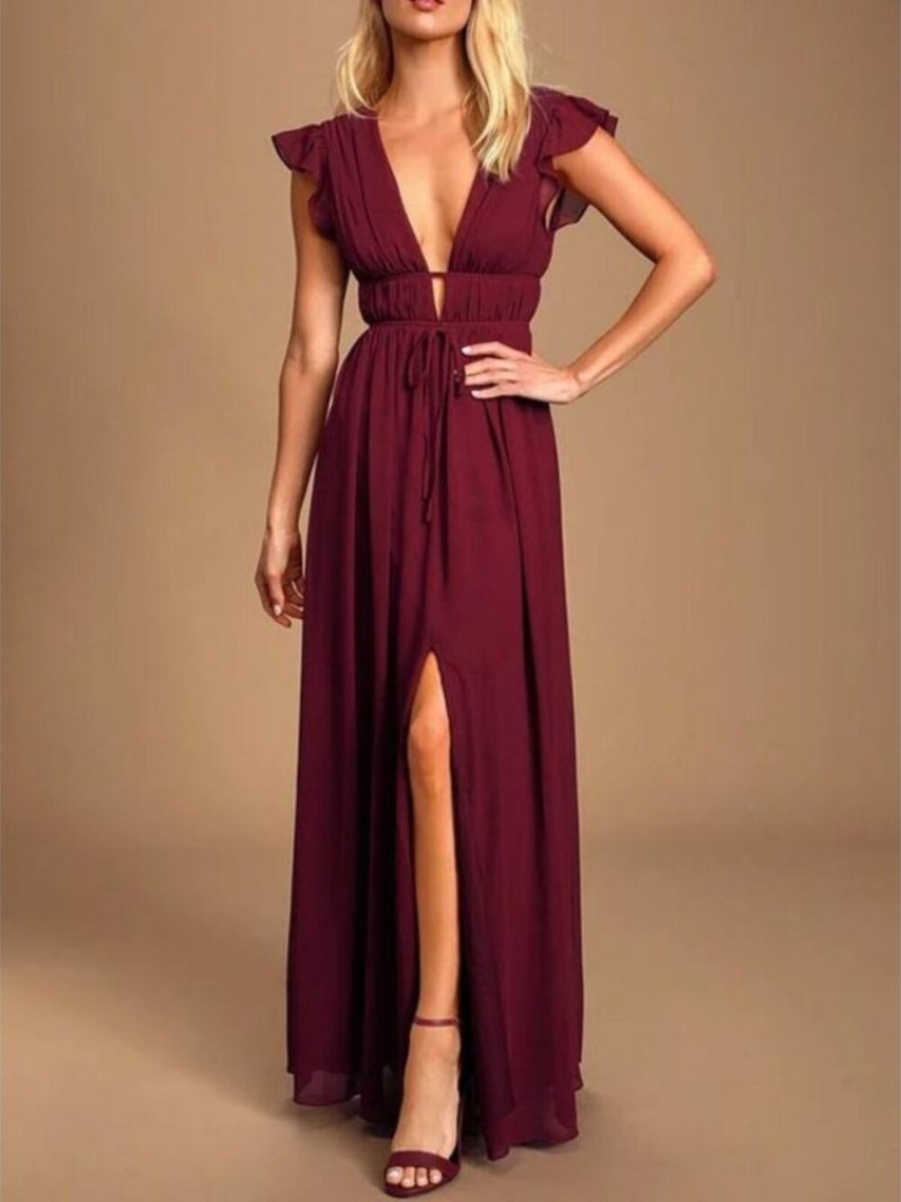Lulus I'm All Yours Size L Large Burgundy Ruffled V-Neck Party Maxi Dress NWT - Picture 3 of 13